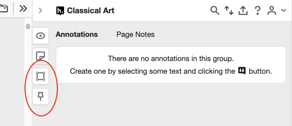 Hypothesis sidebar showing with the image annotation buttons encircled in red.
